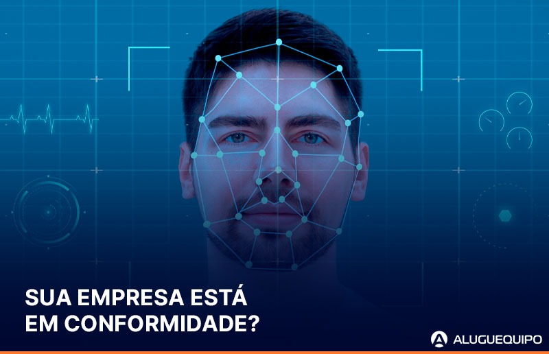 Profissional utilizando sistema de reconhecimento facial no controle de acesso corporativo em conformidade com a LGPD.